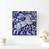 Blauer und weißer Sprung Rabbit Hare Keramik Kunst Quadratische Wanduhr (Zuhause)