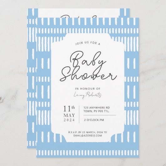 Blauer und weißer Streifen Paint Stroke Baby Dusch Einladung (Vorne/Hinten)