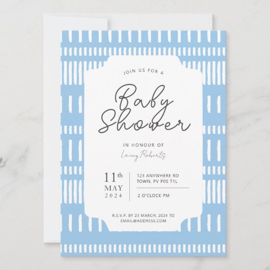 Blauer und weißer Streifen Paint Stroke Baby Dusch Einladung (Vorderseite)