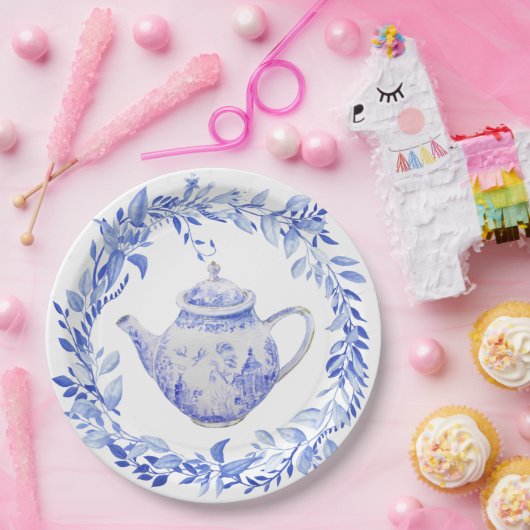 Blauer und weißer Teebeutel mit Kraut Pappteller (Party)