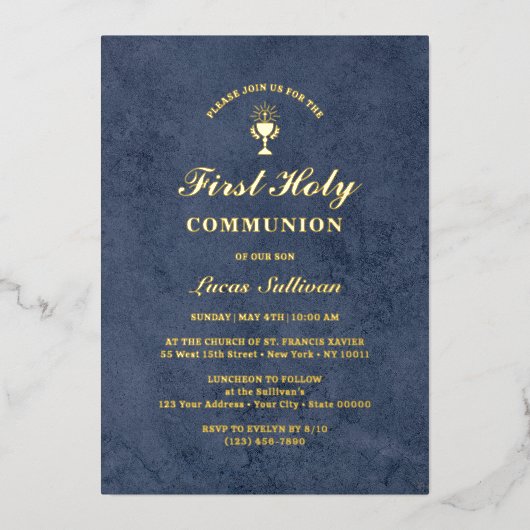 Blauer Velvet Marmor erste Kommune Folieneinladung (Vorderseite)