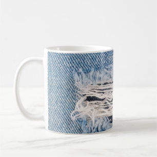 Blauer verblasste Jeans, Texturen gerissene Jeans  Kaffeetasse