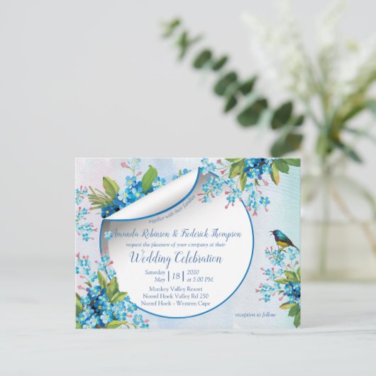 Blauer Vergessen-nicht-Blume Hochzeit Postkarte (Stehend Vorderseite)