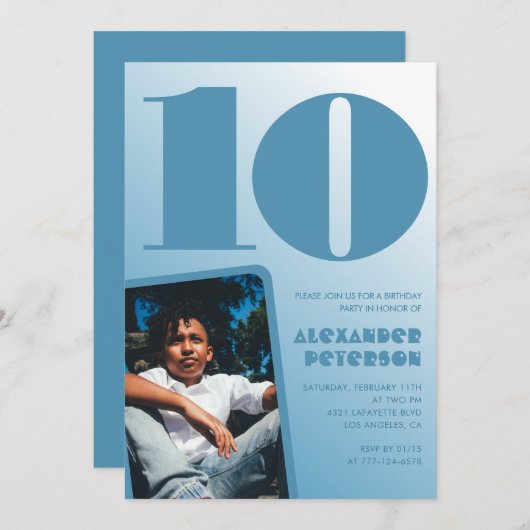Blauer Verlauf 10. Geburtstag Einladungen Boy Foto (Vorne/Hinten)