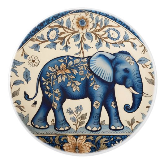 Blauer Verzierte Elefant Antikes Blumenmuster Keramikknauf (Vorderseite)