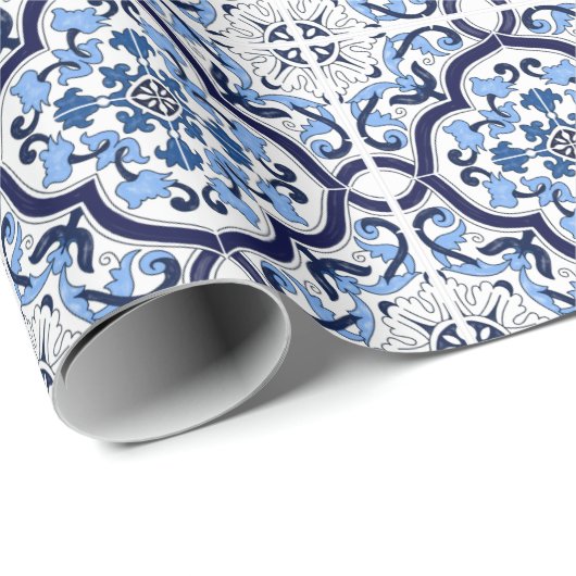 Blauer Verzierter Blütenschwarm Sizilianischer Ti Geschenkpapier (Rolleneckpunkt)
