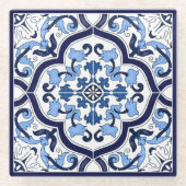  Blauer Verzierter Blütenschwarm Sizilianischer Ti Glasuntersetzer (Vorderseite)