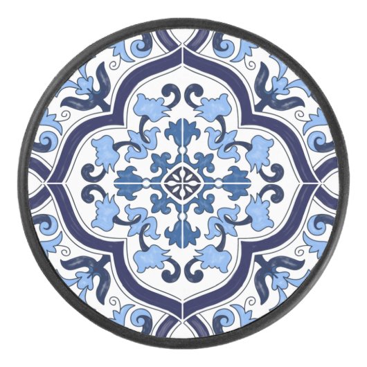 Blauer Verzierter Blütenschwarm Sizilianischer Til Eishockey Puck (Vorderseite)