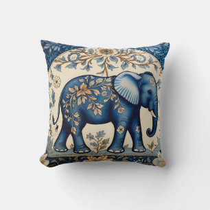 Blauer verzierter Elefant im Vintage-Blumenmuster Kissen