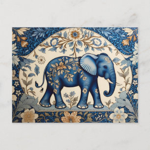 Blauer verzierter Elefant im Vintage-Blumenmuster Postkarte