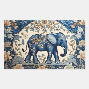 Blauer verzierter Elefant im Vintage-Blumenmuster Rechteckiger Aufkleber