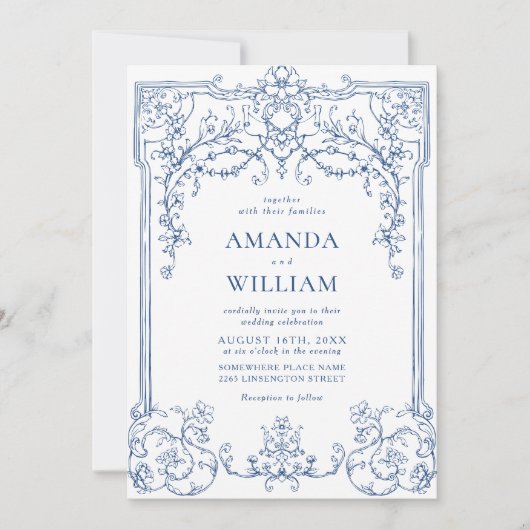 Blauer Viktorianischer Verzierter Grace Blumenrahm Einladung (Vorderseite)
