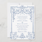 Blauer Viktorianischer Verzierter Grace Blumenrahm Einladung (Vorderseite)