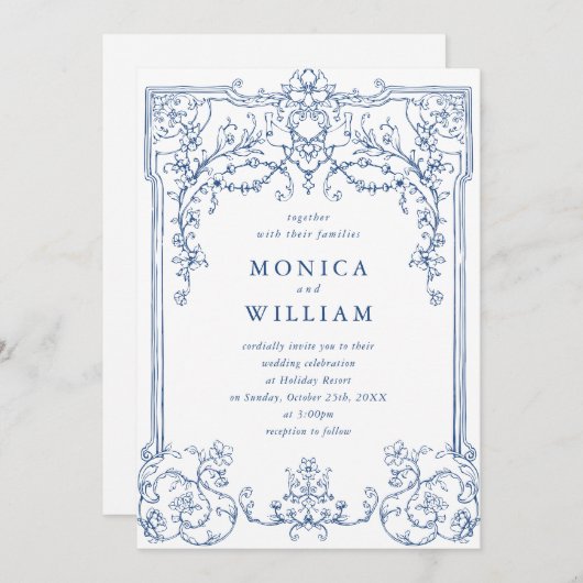 Blauer Viktorianischer Verzierter Grace Blumenrahm Einladung (Vorne/Hinten)