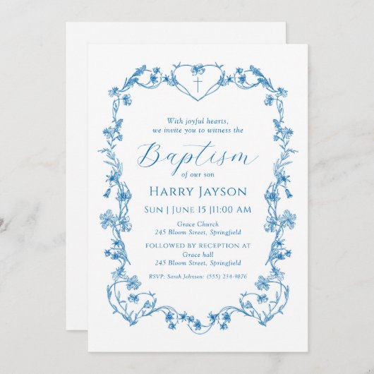 Blauer Vintag Blauer Blauer Rahmen Taufe Einladung (Vorne/Hinten)