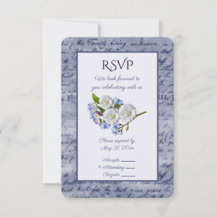 Blauer Vintage-Briefrahmen und weiße Chrysanthemen RSVP Karte