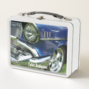 Blauer Vintage-Chevrolet 1957 mit individuellem Na Metall Brotdose