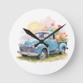 Blauer Vintage-LKW mit Ostereiern & Tulpen Runde Wanduhr