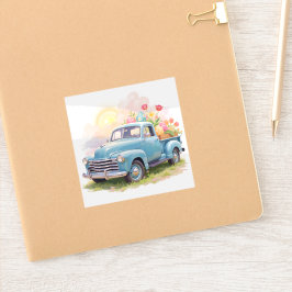 Blauer Vintage-LKW mit Ostereiern und Tulpen Aufkleber
