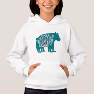 Blauer Vintage-Skandinavischer-Blumenbär Hoodie