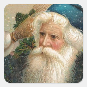Blauer Vintage-Weihnachtsmann und Schneeflocken Quadratischer Aufkleber