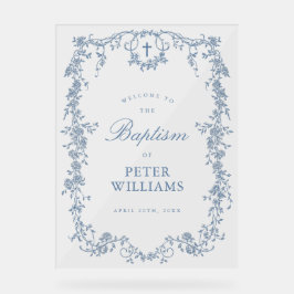 Blauer Vintager Blumenkreuz Begrüßung Acrylschild