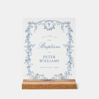 Blauer Vintager Blumenkreuz Begrüßung Acrylschild