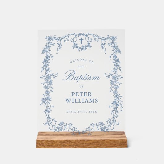 Blauer Vintager Blumenkreuz Begrüßung Acrylschild (Vorderseite)