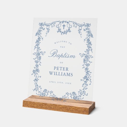 Blauer Vintager Blumenkreuz Begrüßung Acrylschild (Winkel)