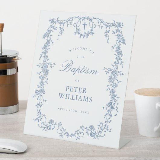 Blauer Vintager Blumenkreuz Begrüßung Sockelschild (In Situ)