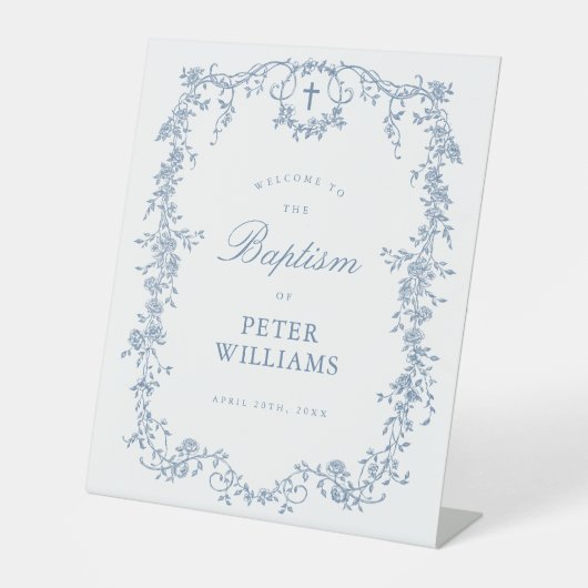 Blauer Vintager Blumenkreuz Begrüßung Sockelschild (Vorderseite)