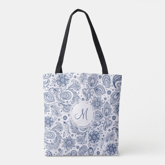 Blauer Vintager Blumenmuster Monogramm Totbeutel Tasche (Rückseite)