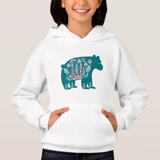 Blauer Vintager skandinavischer Blumenbär Hoodie (Vorderseite)