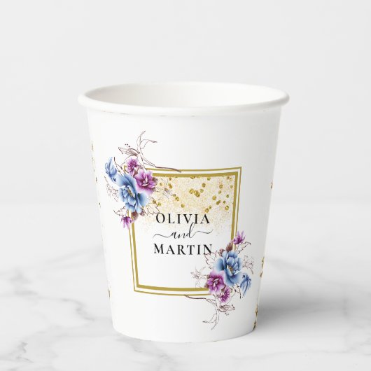 Blauer violette Blumen Gerahmter Hochzeitspapier-C Pappbecher (Vorderseite)