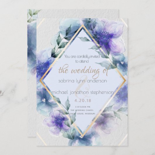 Blauer violetter Blumenstrauß Einladung (Vorne/Hinten)