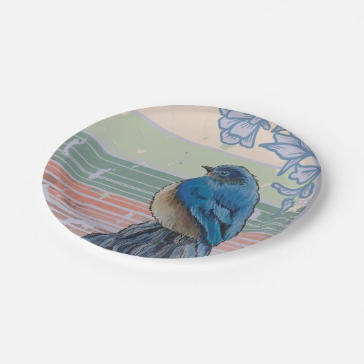 Blauer Vogel am Zaun Pappteller (Schrägansicht)