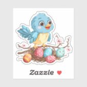 Blauer Vogel an einer Zweigstelle mit Ostereiern Aufkleber (Blatt)