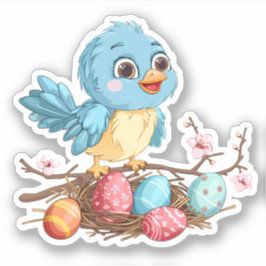 Blauer Vogel an einer Zweigstelle mit Ostereiern Aufkleber