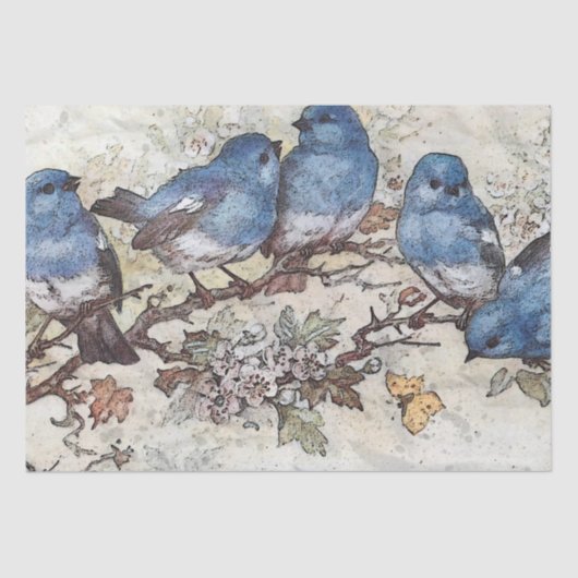 Blauer Vogel auf dem Schmetterling Vintage Entkopp Seidenpapier (Vorderseite)