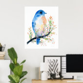 Blauer Vogel auf der Zweigstelle Berry Poster (Heimbüro)