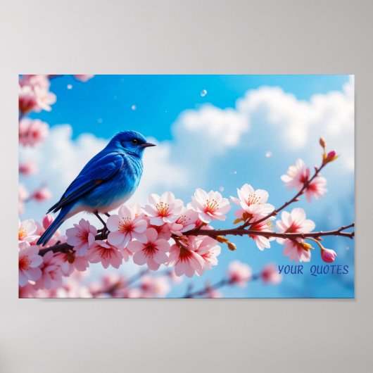Blauer Vogel auf Kirschblütenzweig Poster (Vorne)