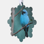 Blauer Vogel auf Zweig-Mixed-Medien Ornament Karte (Linke Ecke)