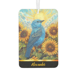 Blauer Vogel bei Sonnenaufgang auf Sonnenblumen Autolufterfrischer