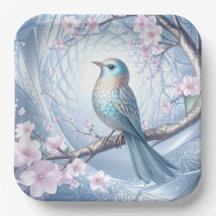 Blauer Vogel Blumen Papier Teller