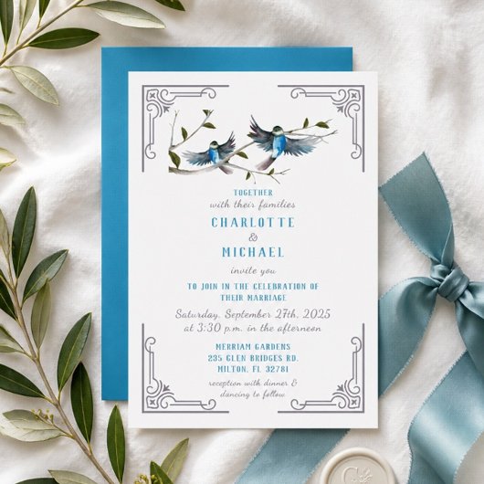Blauer Vogel des Glücks Einladung Hochzeit
