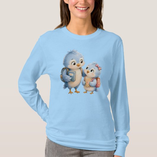 Blauer Vogel-Duo-Langarm-Oberteil T-Shirt (Vorderseite)