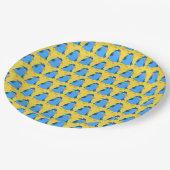 Blauer Vogel für Kinder durch Schaufenster. Pappteller (Schrägansicht)