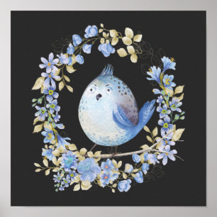 Blauer Vogel im Blumenkranz Poster