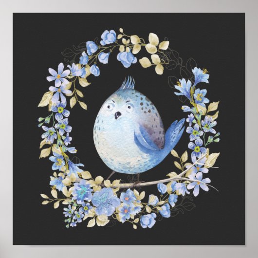 Blauer Vogel im Blumenkranz Poster (Vorne)