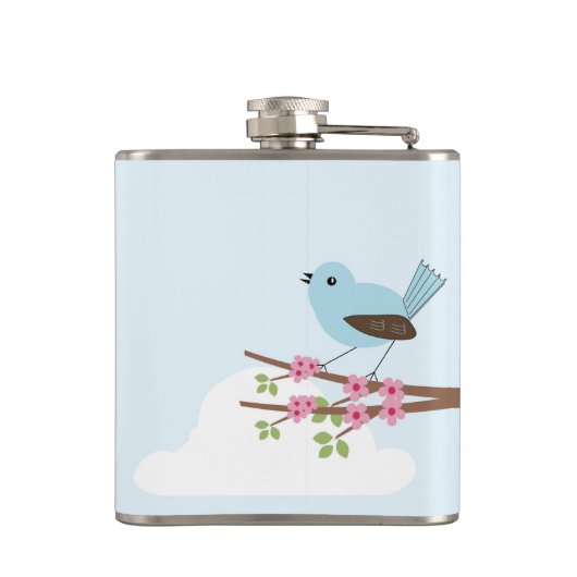 Blauer Vogel im Blüten-Baum Flachmann (Rückseite)